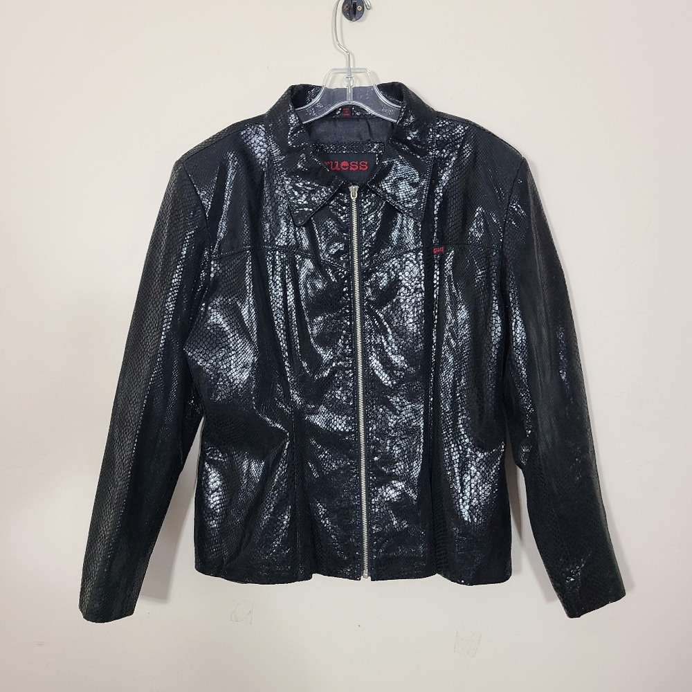 Vintage Guess Women L Blackโ Genuine Leather Snakeskin Texture Motorcycle Jacket